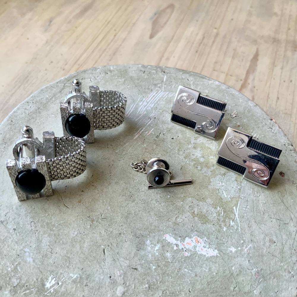 Elegant Silver and Black Cuff Links and Tie Tac Bundle